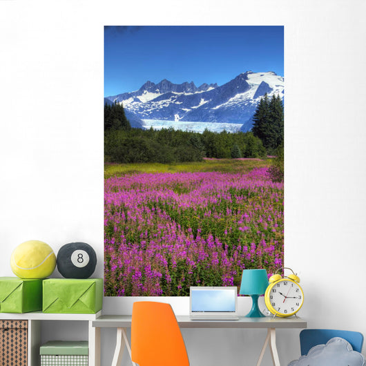 View Of The Mendenhall Glacier With A Field Of Fireweed Wall Mural