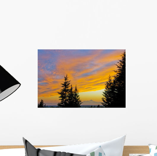 Sunset Clouds Blaze Orange Over Iliamna Volcano As Seen From The Hills Wall Mural