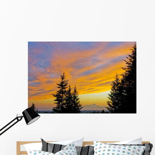 Sunset Clouds Blaze Orange Over Iliamna Volcano As Seen From The Hills Wall Mural