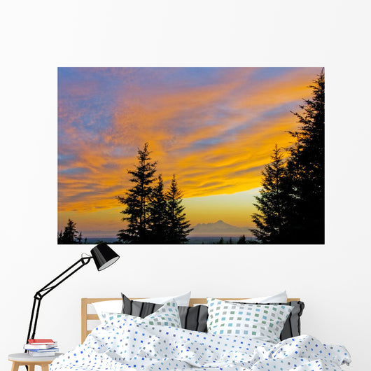 Sunset Clouds Blaze Orange Over Iliamna Volcano As Seen From The Hills Wall Mural