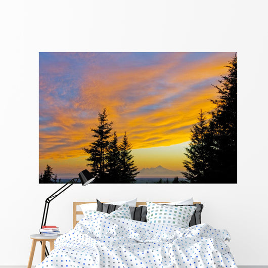 Sunset Clouds Blaze Orange Over Iliamna Volcano As Seen From The Hills Wall Mural