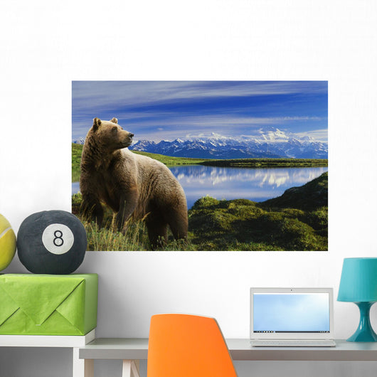 Composite Grizzly Stands In Front Of Lake With Mt Mckinley Wall Mural