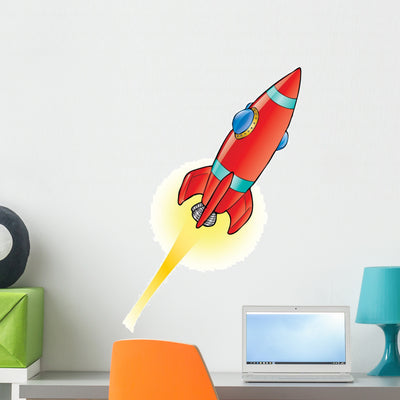 Red Space Rocket Wall Decal shown on a wall