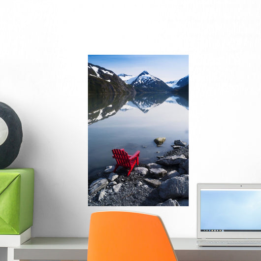 Red Adirondack Chair At Portage Lake With Chugach Mountains Wall Mural