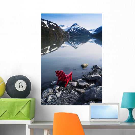 Red Adirondack Chair At Portage Lake With Chugach Mountains Wall Mural
