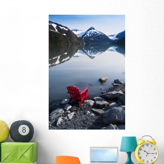 Red Adirondack Chair At Portage Lake With Chugach Mountains Wall Mural