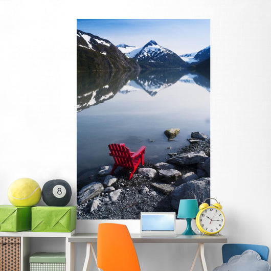 Red Adirondack Chair At Portage Lake With Chugach Mountains Wall Mural