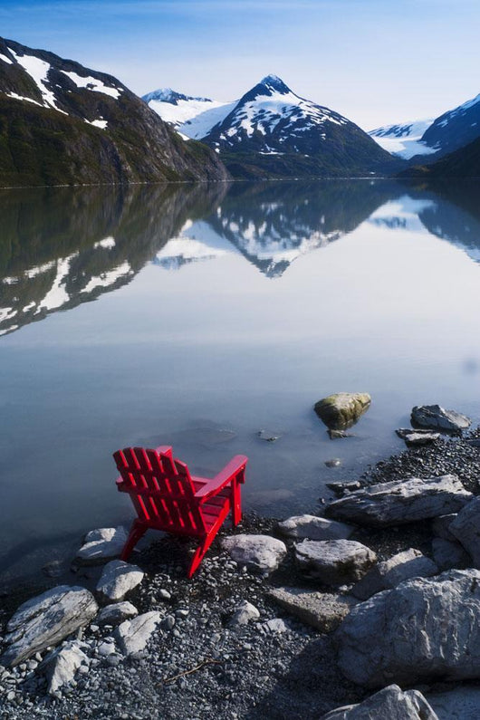 Red Adirondack Chair At Portage Lake With Chugach Mountains Wall Mural