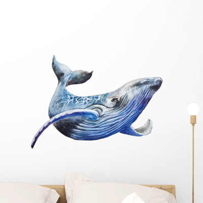 Watercolor Blue Whale Wall Decal shown on a wall