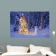 Snowman With Santa Hat Hanging Ornaments On A Christmas Tree Wall Mural