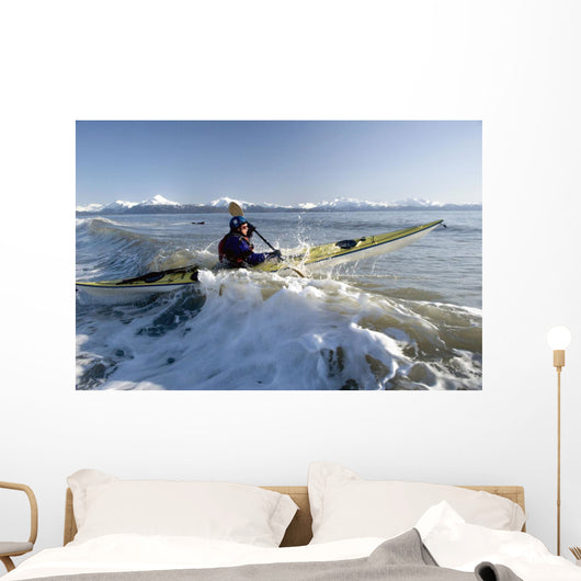 Man Paddles Kayak In Surf Kachemak Bay Homer Ak Kp Spring Wall Mural
