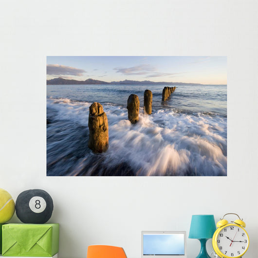 Surf Rushing Around Old Pilings Wall Mural