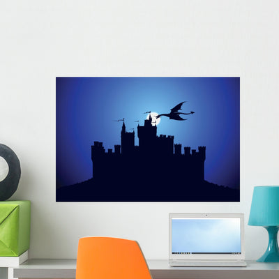 Dragon over Medieval Castle Wall Mural shown on a wall