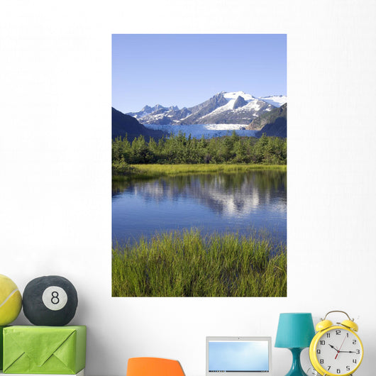 View Of Mendenhall Glacier With Pond And Green Grass Wall Mural