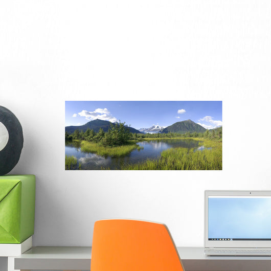View Of Mendenhall Glacier With Pond And Green Grass Wall Mural
