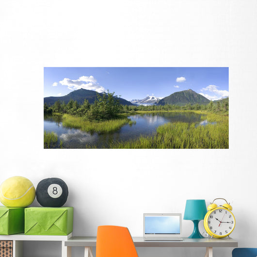 View Of Mendenhall Glacier With Pond And Green Grass Wall Mural