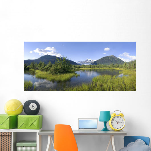 View Of Mendenhall Glacier With Pond And Green Grass Wall Mural