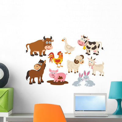 Cartoon Farm Animals Wall Decal Sticker Set shown on a wall
