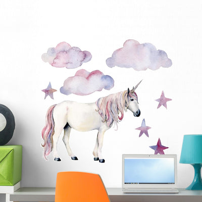 Clouds Stars and Unicorn Wall Decal Sticker Set shown on a wall