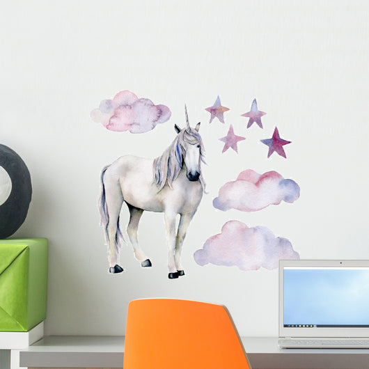 Watercolor Unicorn Cloudy Stars Wall Decal Sticker Set