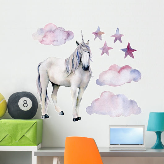 Watercolor Unicorn Cloudy Stars Wall Decal Sticker Set