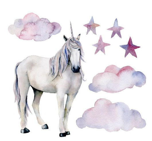 Watercolor Unicorn Cloudy Stars Wall Decal Sticker Set