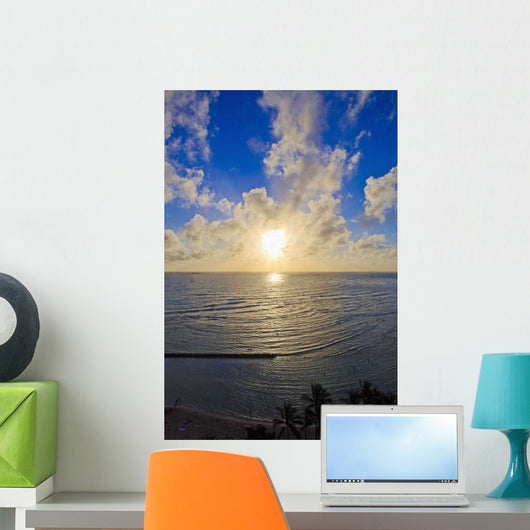 Hawaii, Oahu, Sunset over Waikiki Beach and ocean Wall Mural