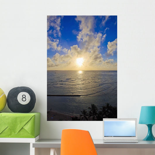 Hawaii, Oahu, Sunset over Waikiki Beach and ocean Wall Mural