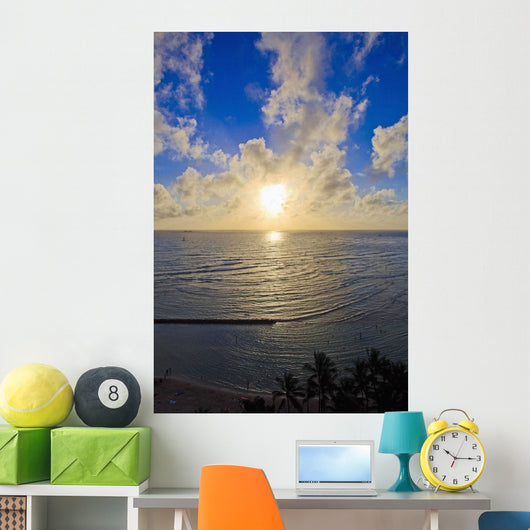 Hawaii, Oahu, Sunset over Waikiki Beach and ocean Wall Mural