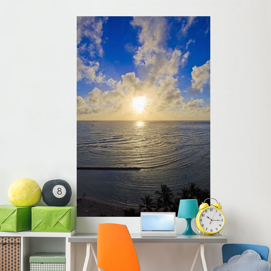 Hawaii, Oahu, Sunset over Waikiki Beach and ocean Wall Mural