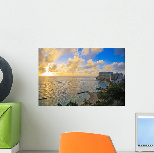 View of the Pacific Ocean and Waikiki Beach during sunset Wall Mural