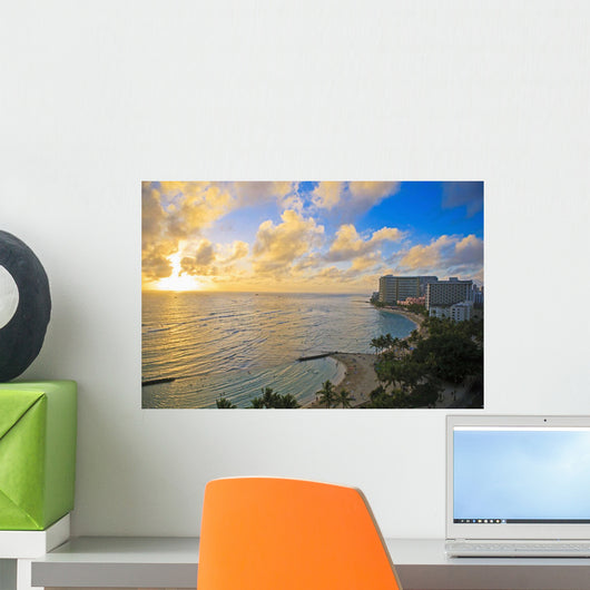 View of the Pacific Ocean and Waikiki Beach during sunset Wall Mural