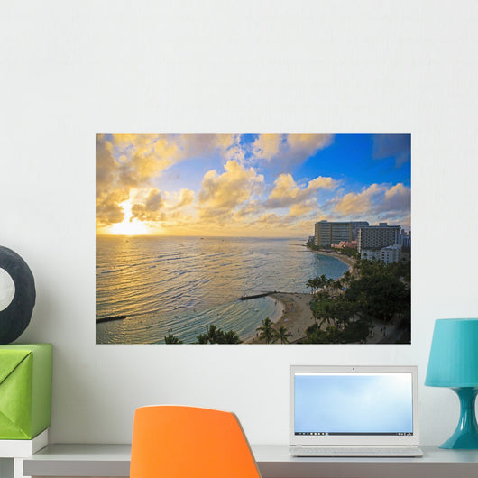 View of the Pacific Ocean and Waikiki Beach during sunset Wall Mural