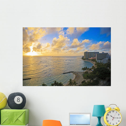 View of the Pacific Ocean and Waikiki Beach during sunset Wall Mural
