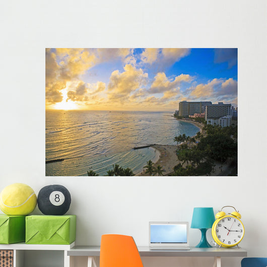 View of the Pacific Ocean and Waikiki Beach during sunset Wall Mural