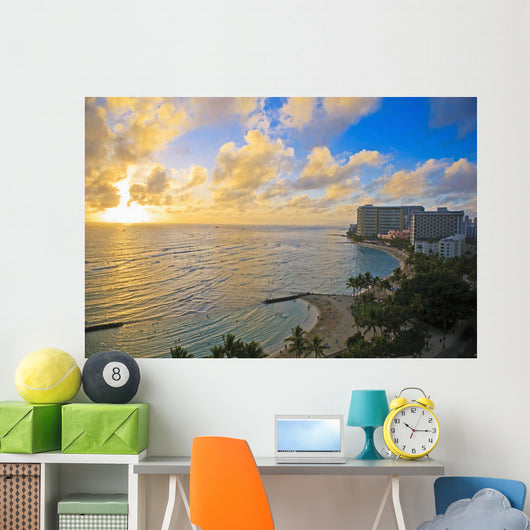 View of the Pacific Ocean and Waikiki Beach during sunset Wall Mural