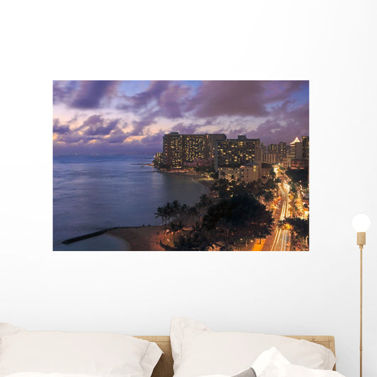 Hawaii, Oahu, Waikiki, View of Waikiki at night Wall Mural