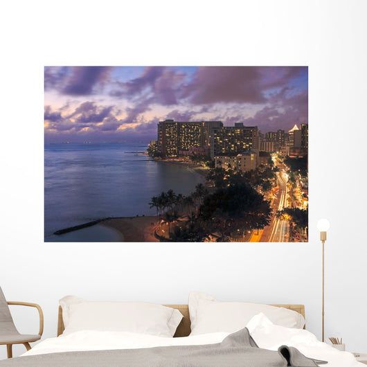 Hawaii, Oahu, Waikiki, View of Waikiki at night Wall Mural