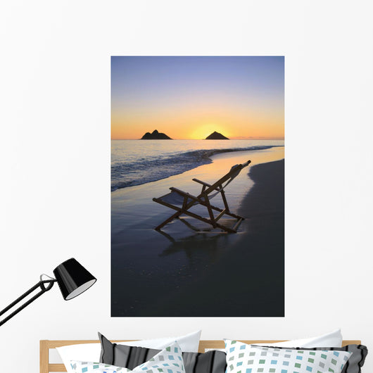 Hawaii, Lanikai, Empty beach chair at sunset Wall Mural