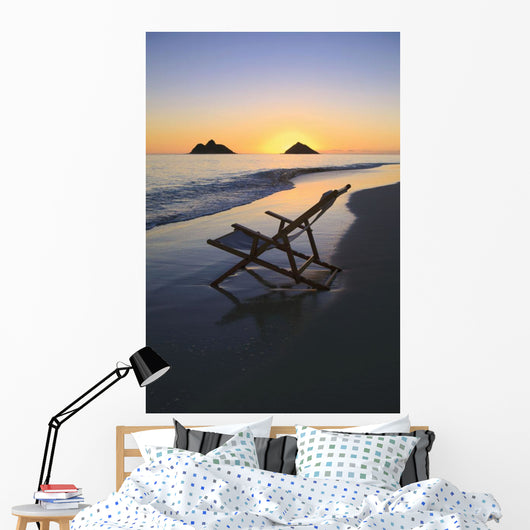 Hawaii, Lanikai, Empty beach chair at sunset Wall Mural