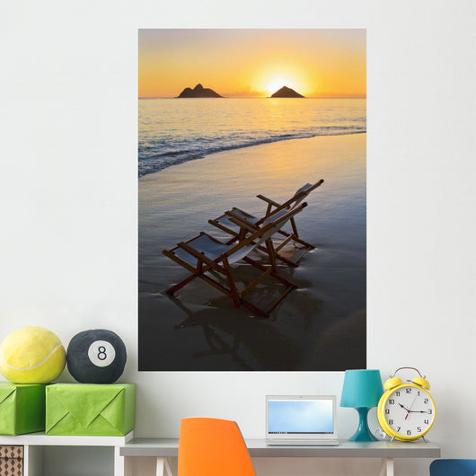 Hawaii, Lanikai, Empty beach chair at sunset Wall Mural