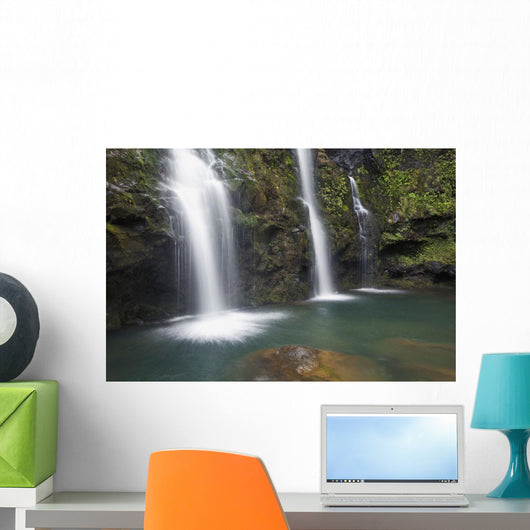The three Waikani Falls with a clear blue pond on The Road To Hana Wall Mural