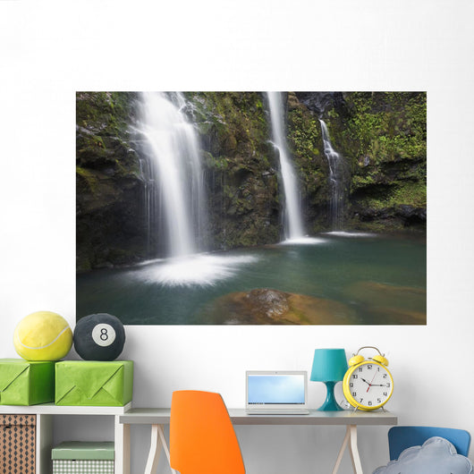 The three Waikani Falls with a clear blue pond on The Road To Hana Wall Mural