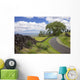 A stone wall lines a country road with views of Maui in the background Wall Mural