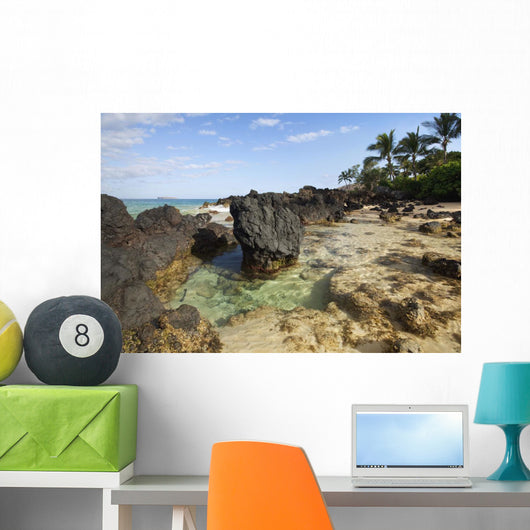 Hawaii, Maui, Makena, Beautiful clear ocean among lava rock Wall Mural