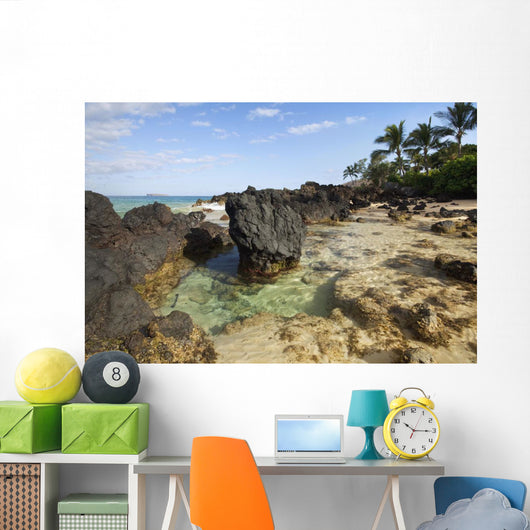 Hawaii, Maui, Makena, Beautiful clear ocean among lava rock Wall Mural