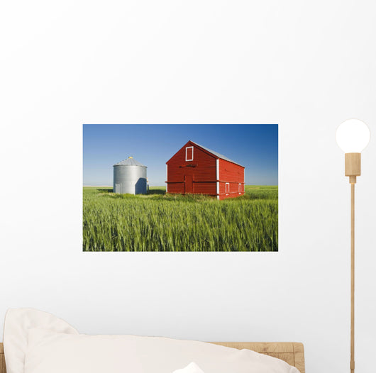 Metal Grain Bin And Wooden Grain Bin In Wheat Field Wall Mural