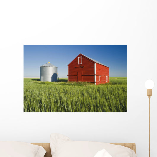 Metal Grain Bin And Wooden Grain Bin In Wheat Field Wall Mural