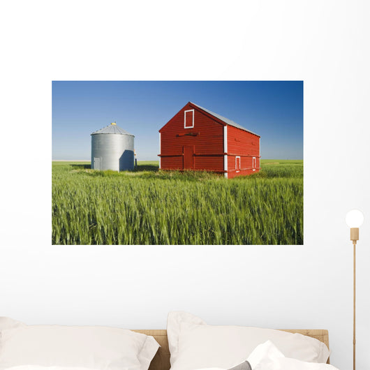Metal Grain Bin And Wooden Grain Bin In Wheat Field Wall Mural