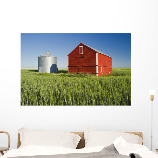 Metal Grain Bin And Wooden Grain Bin In Wheat Field Wall Mural
